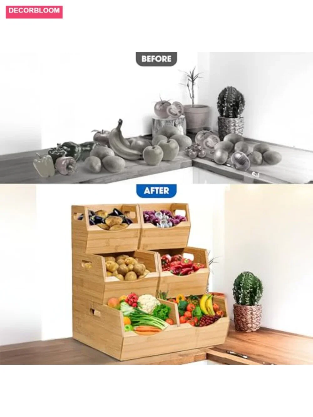 Bamboo Stackable Pantry Storage Bins 3-Tier Potato Onion Basket